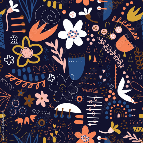 Seamless pattern doodle vector background abstract shapes collage blue white pink orange yellow. Modern design with flowers, hearts, elements for fabric, textile, wallpaper, postcards, kids decor