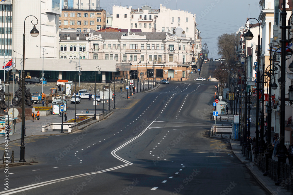 Empty Svetlanskaya street in Vladivostok. Overlapping the central street of Vladivostok on the eve of the May Day procession.
