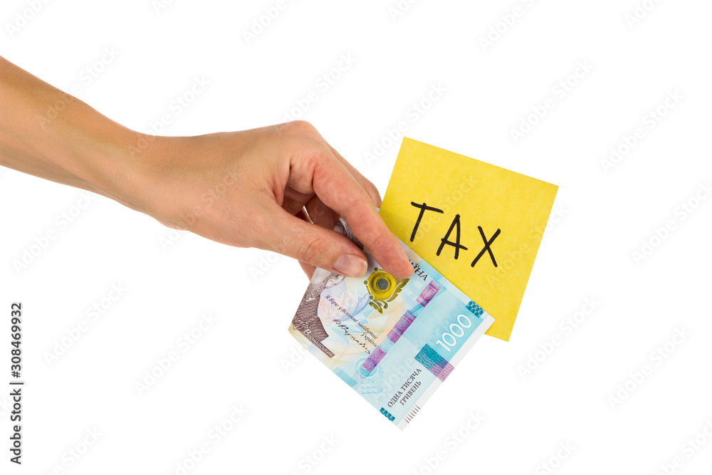 Thousand hryvnias and sticker with different financial signs and symbols in the hand, isolated Thousand hryvnias and sticker with different financial signs and symbols in the hand, isolated