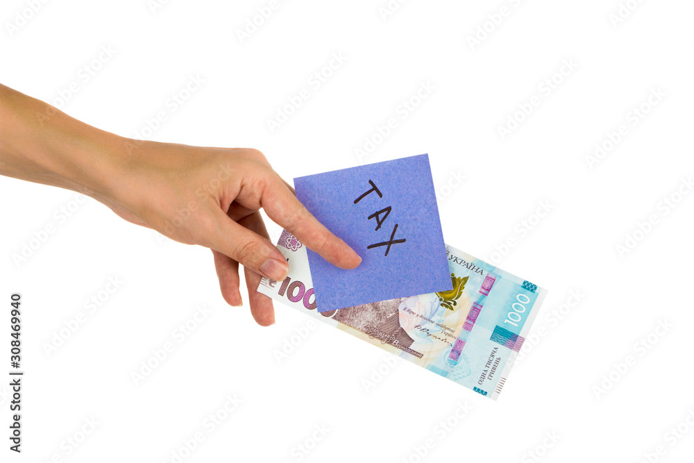 Thousand hryvnias and sticker with different financial signs and symbols in the hand, isolated Thousand hryvnias and sticker with different financial signs and symbols in the hand, isolated