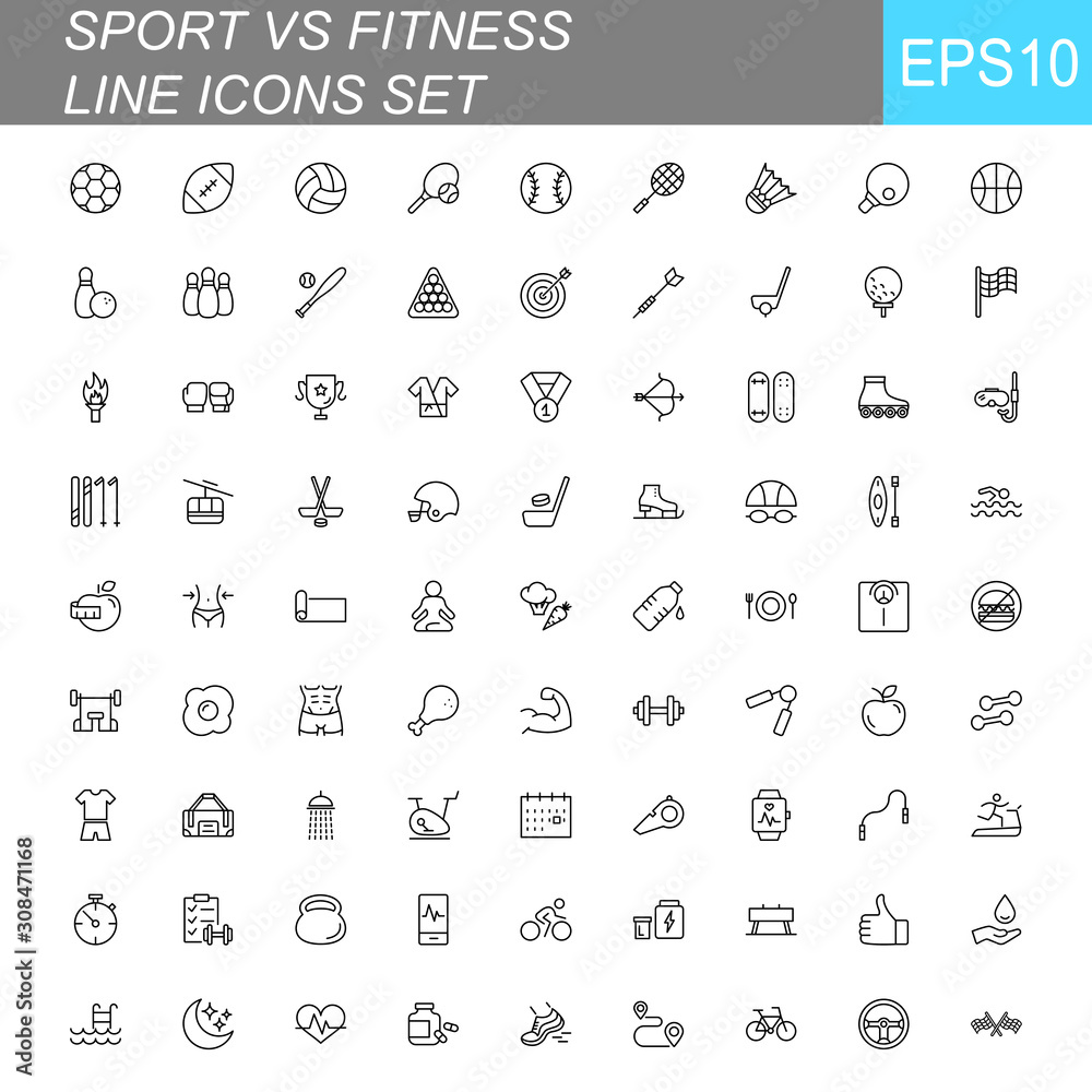 Fototapeta premium SPORT vs FITNESS line thin icons set. Vector illustrations collection EPS10.