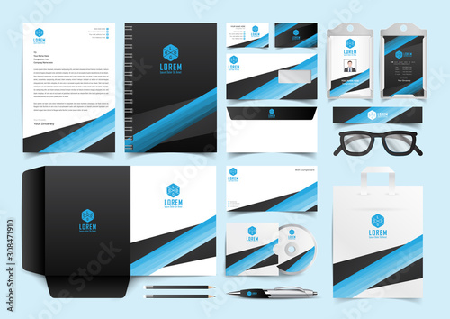 corporate business stationery big set with blue abstract design
