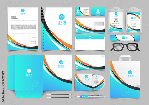 Corporate identity business template design set with orange blue and black wavy shape