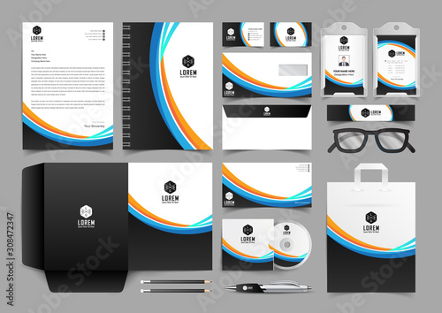 Stationery Layout Set with Orange Blue and Black Accents