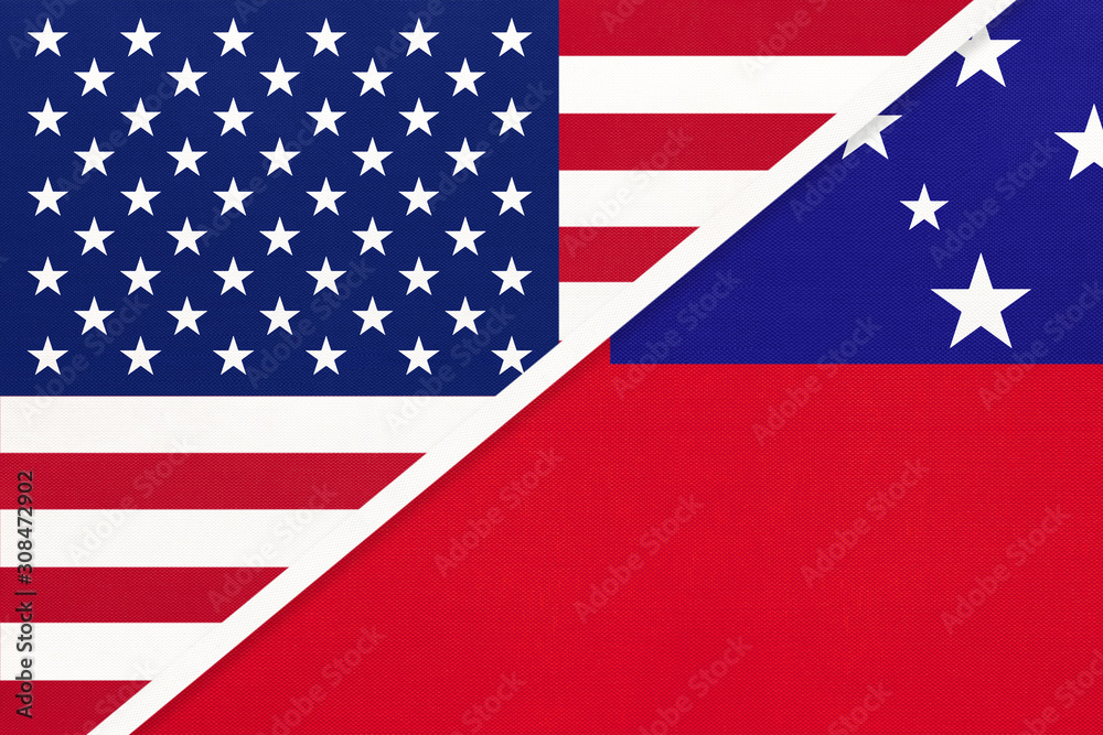 USA vs Samoa national flag from textile. Relationship between american and Oceania countries. USA vs Samoa national flag from textile. Relationship between american and Oceania countries.