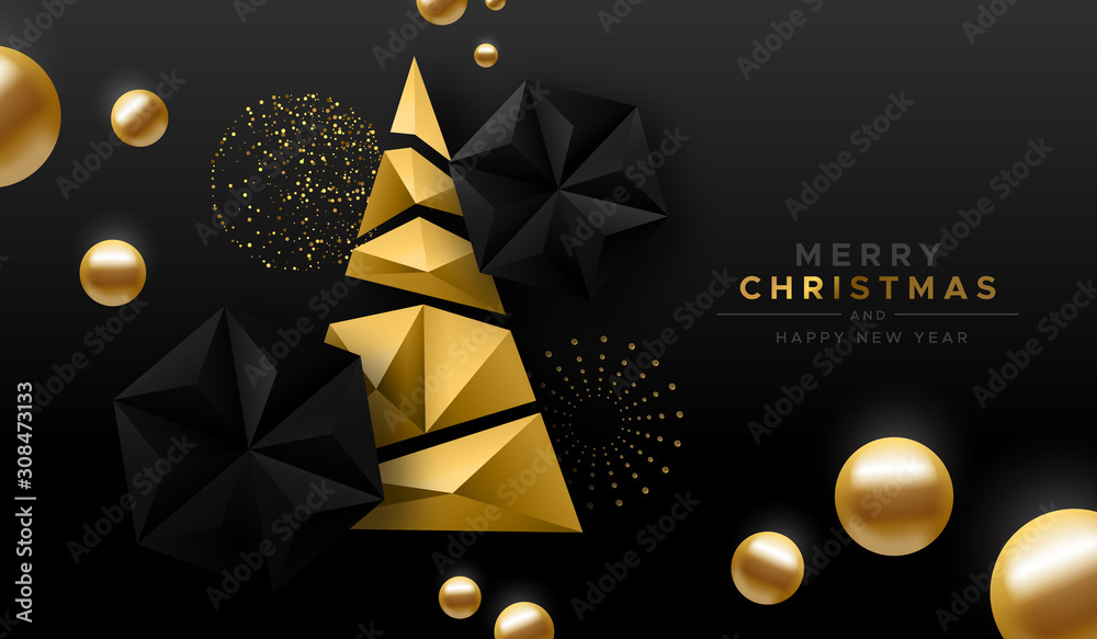 Merry Christmas gold low poly abstract pine tree - obrazy, fototapety, plakaty 