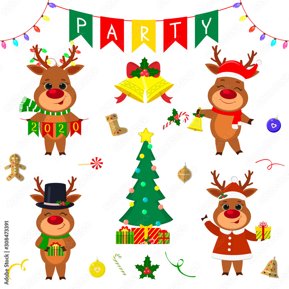 Christmas and New Year party 2020. Set of four cute reindeer in different costumes. Christmas tree, gifts, bells, sweets and other decor items. Cartoon style, Vector Christmas and New Year party 2020. Set of four cute reindeer in different costumes. Christmas tree, gifts, bells, sweets and other decor items. Cartoon style, Vector