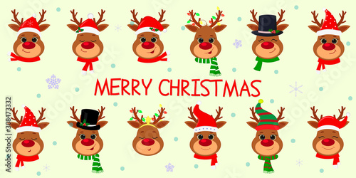 Happy New Year and Merry Christmas. Set of twelve cute deer heads with different emotions in different Santa Claus hat and scarf, snowman, elf. New Year s accessories. Cartoon, flat style, vector