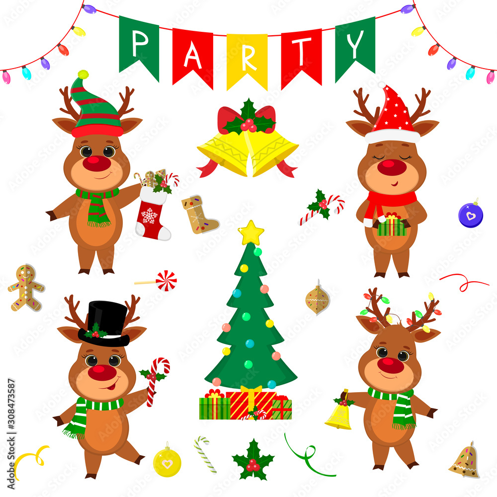 Christmas and New Year party 2020. Set of four cute reindeer in different costumes. Christmas tree, gifts, bells, sweets and other decor items. Cartoon style, Vector Christmas and New Year party 2020. Set of four cute reindeer in different costumes. Christmas tree, gifts, bells, sweets and other decor items. Cartoon style, Vector