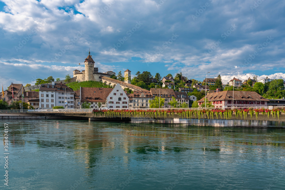 Cityscape of Schaffhausen with the river Rhine and fortress Munot