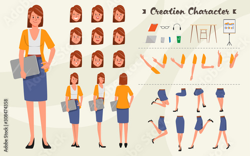 Character set for animation. Young business woman character for animated. Creation people with emotions face. Flat vector design.