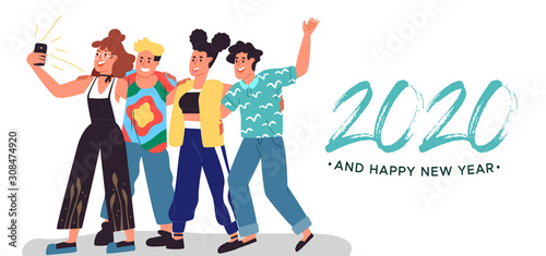 Happy new year 2020 social friends selfie card