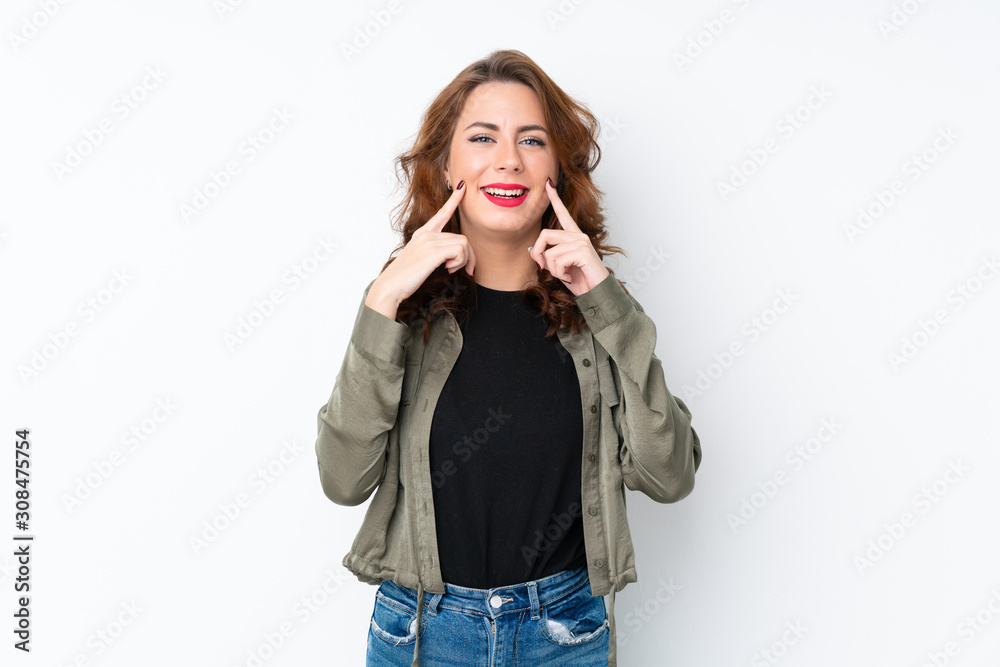 Young Russian woman over isolated white background smiling with a happy and pleasant expression Young Russian woman over isolated white background smiling with a happy and pleasant expression
