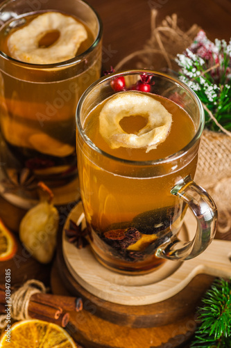 Mulled wine in a glass glass.