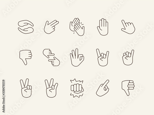 Hand signs line icon set