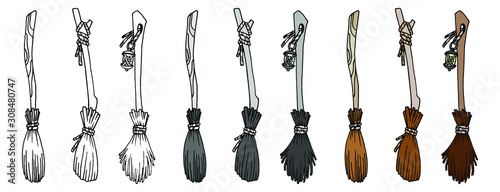 Set of different witch brooms isolated on white. Brooms, different color options. Black line. Hand drawing. Stock illustration. 