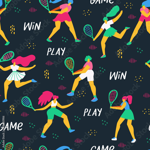 Girls playing tennis flat vector seamless pattern. Sportswomen cartoon characters background, backdrop. Win, game typography. Athletes in sportswear with rackets hitting ball wrapping paper design