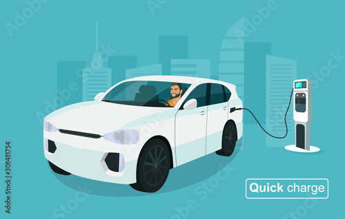 Electric CUV car with a man driving. Electric car is connected to quick charge. Vector illustration.