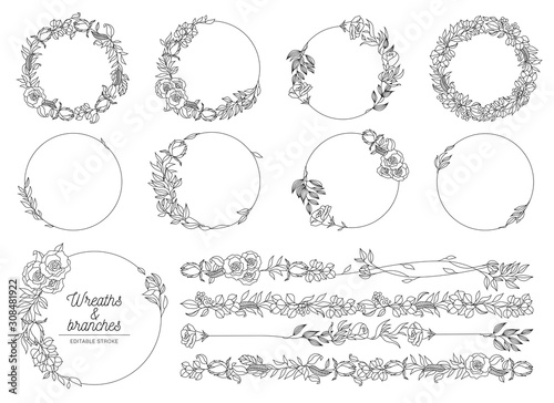 Vector illustration of hand drawn wreaths. Cute doodle floral wreath frame set