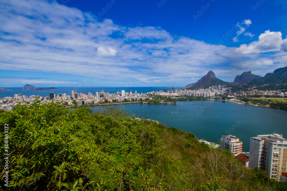 Panoramic view of the southern area of Rio de Janeiro. Rodrigo de Freitas Lagoon, Dois Irmãos Hill and Ipanema Beach. Brazil