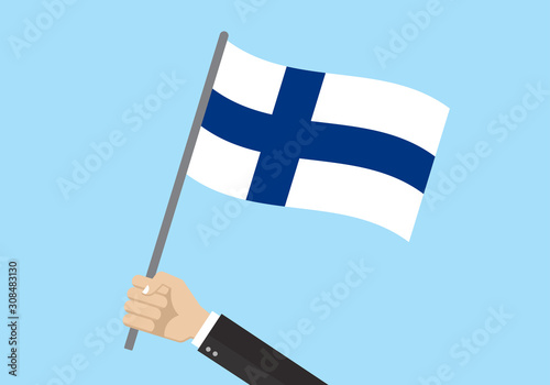 Finland waving flag. Hand holding Finnish flag. National symbol. Vector illustration. 