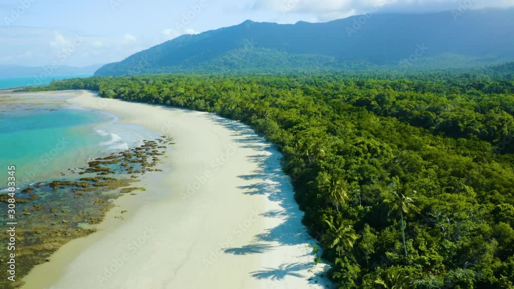 Aerial, gorgeous sand beach and rain forest at Cape Tribulation in Queensland, Australia Aerial, gorgeous sand beach and rain forest at Cape Tribulation in Queensland, Australia