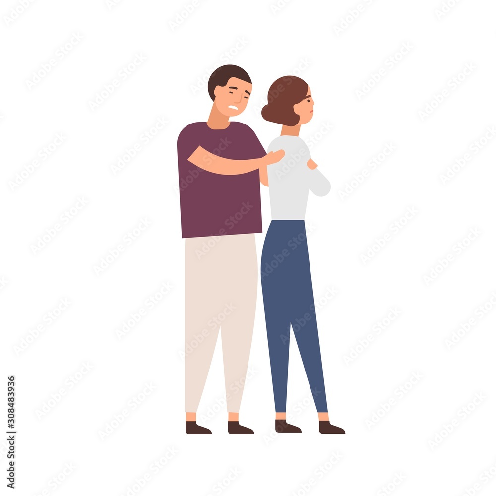 Family row flat vector illustration. Young couple feeling aggrieved. Quarrel result, resentment, relationship problems, conflict concept. Apologizing man and offended woman cartoon characters. Family row flat vector illustration. Young couple feeling aggrieved. Quarrel result, resentment, relationship problems, conflict concept. Apologizing man and offended woman cartoon characters.