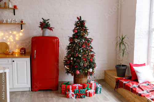 Kitchen decorated for Christmas in red colour