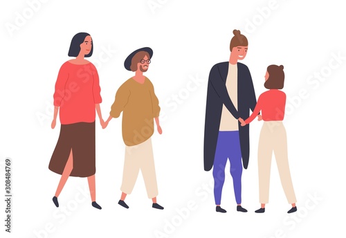 Height difference couples flat vector illustrations. Smiling pairs walking together, tall and short partners. Relationship, love concept. Romantic date, young men and women cartoon characters.