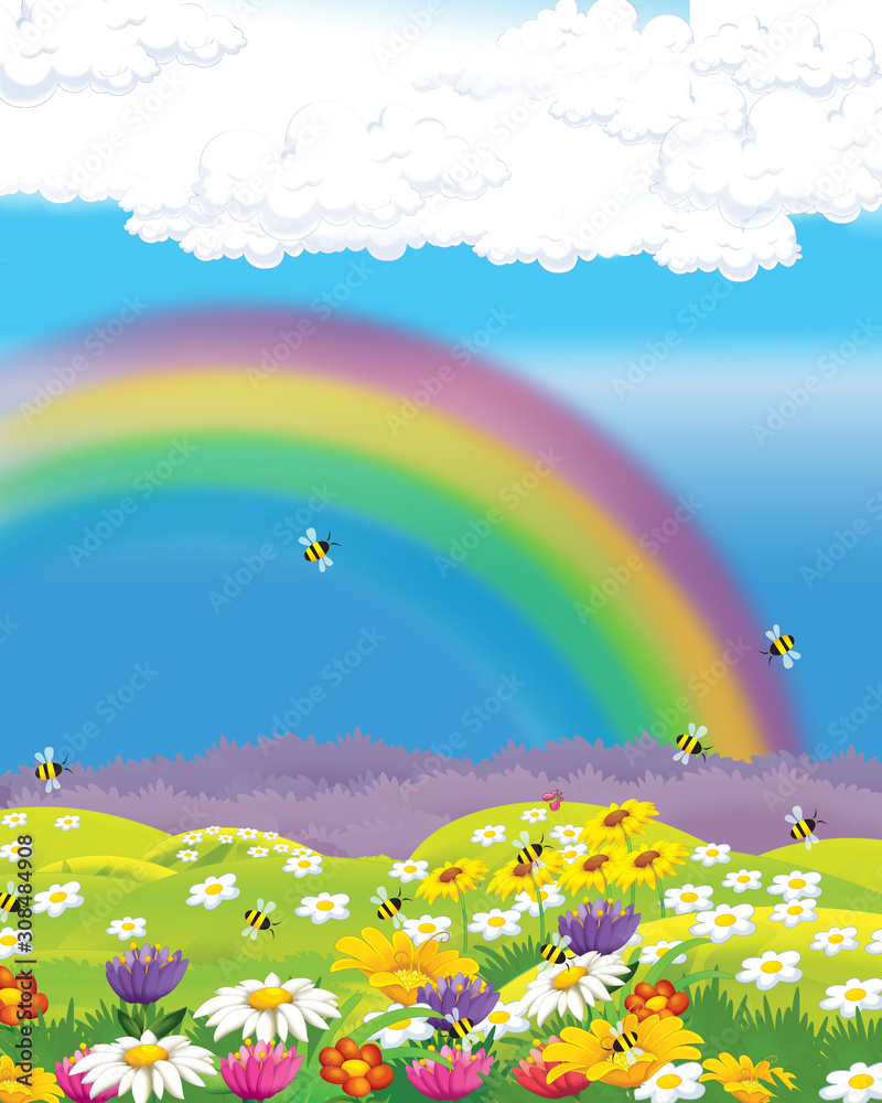 cartoon scene with funny looking farm ranch meadow on the hill - illustration for children