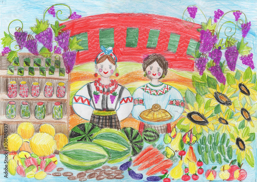 Drawing in children style Fresh organic farm vegetables