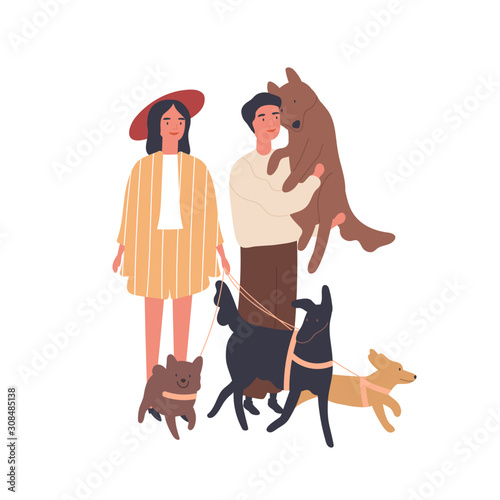 Dog lovers couple flat vector illustration
