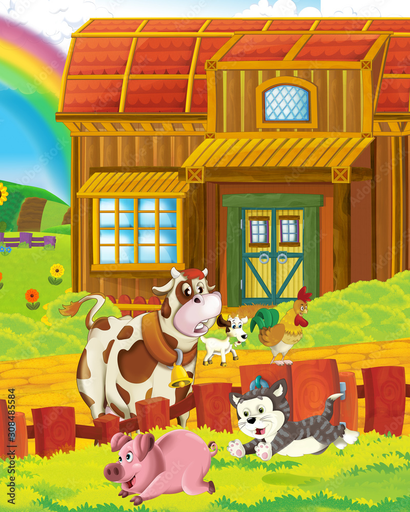 cartoon scene with cow having fun on the farm on white background - illustration for children