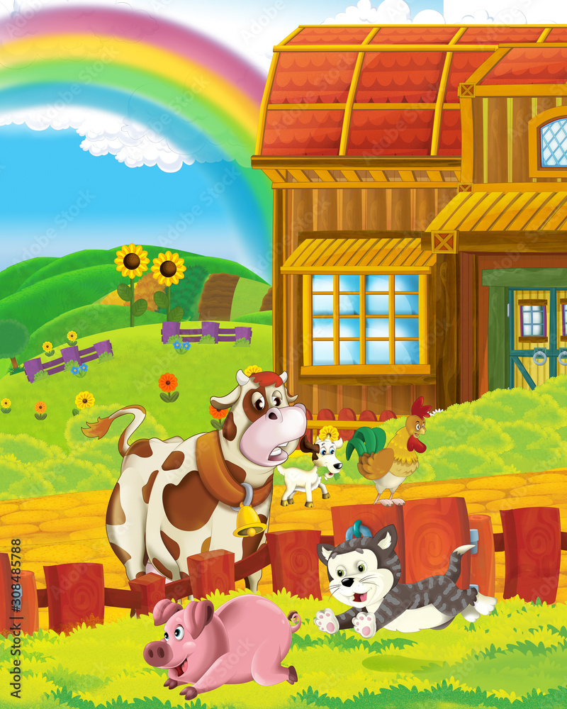 cartoon scene with cow having fun on the farm on white background - illustration for children