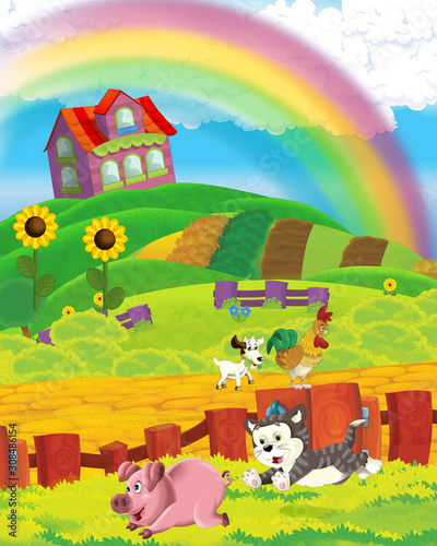 cartoon scene with funny looking farm house on the hill - illustration for children