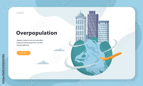 Overpopulation concept, Earth with skyscraper building on the top.