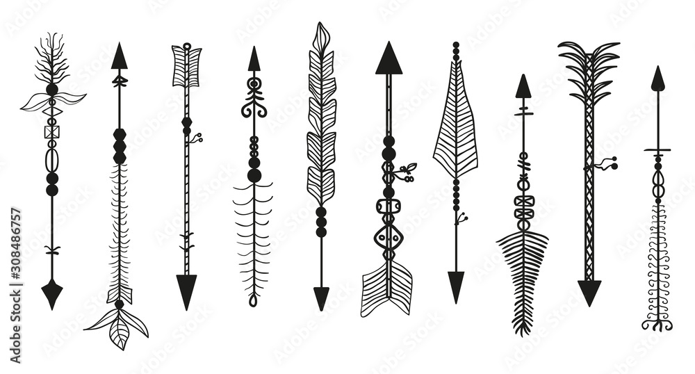 Hand drawn ornate arrow. Abstract elements. Set of different arrows with ornaments. Black and white illustration Hand drawn ornate arrow. Abstract elements. Set of different arrows with ornaments. Black and white illustration