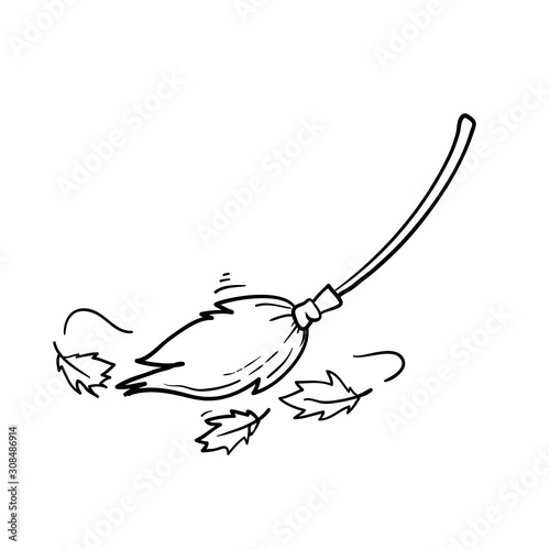 hand drawn broom sweeps the ground from the fallen leaves illustration isolated