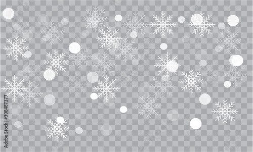 Seamless realistic falling snow or snowflakes. Isolated on transparent background