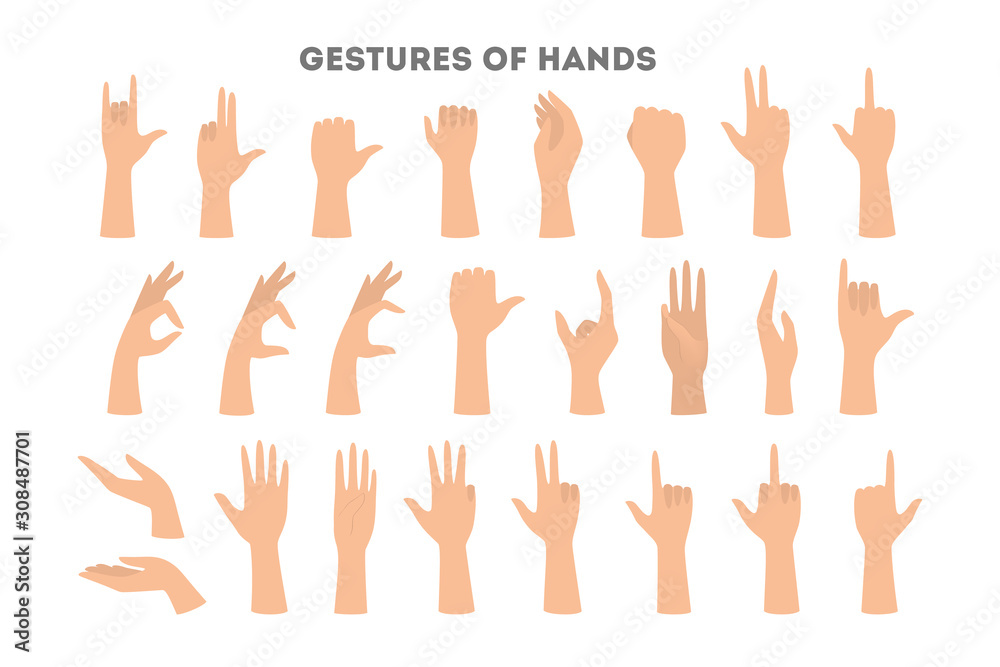 Set of hands showing different gestures. Palm pointing at something Set of hands showing different gestures. Palm pointing at something