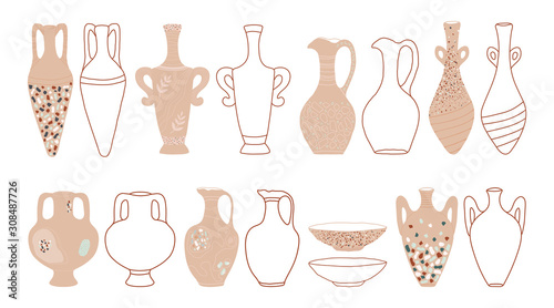 Set of jugs, amphorae and plates in pastel colors with mosaic terrazzo isolated on a white background in hand drawn style. Vector stock illustration