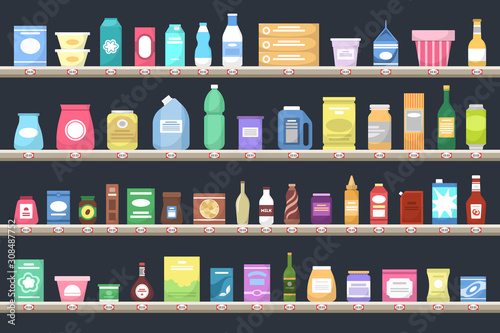 Supermarket shelves with various products. Groceries on shelves.
