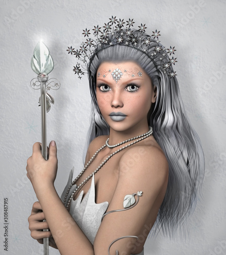 Beautiful ice queen with a scepter – 3D render photo