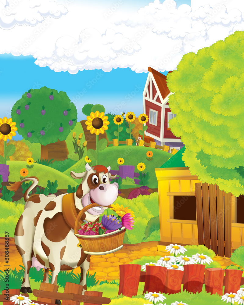 cartoon scene with cow having fun on the farm on white background - illustration for children cartoon scene with cow having fun on the farm on white background - illustration for children