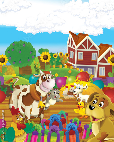 cartoon scene with cow having fun on the farm on white background - illustration for children © honeyflavour