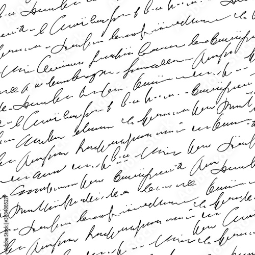 Handwritten abstract text seamless pattern, vector monochrome cursive script background