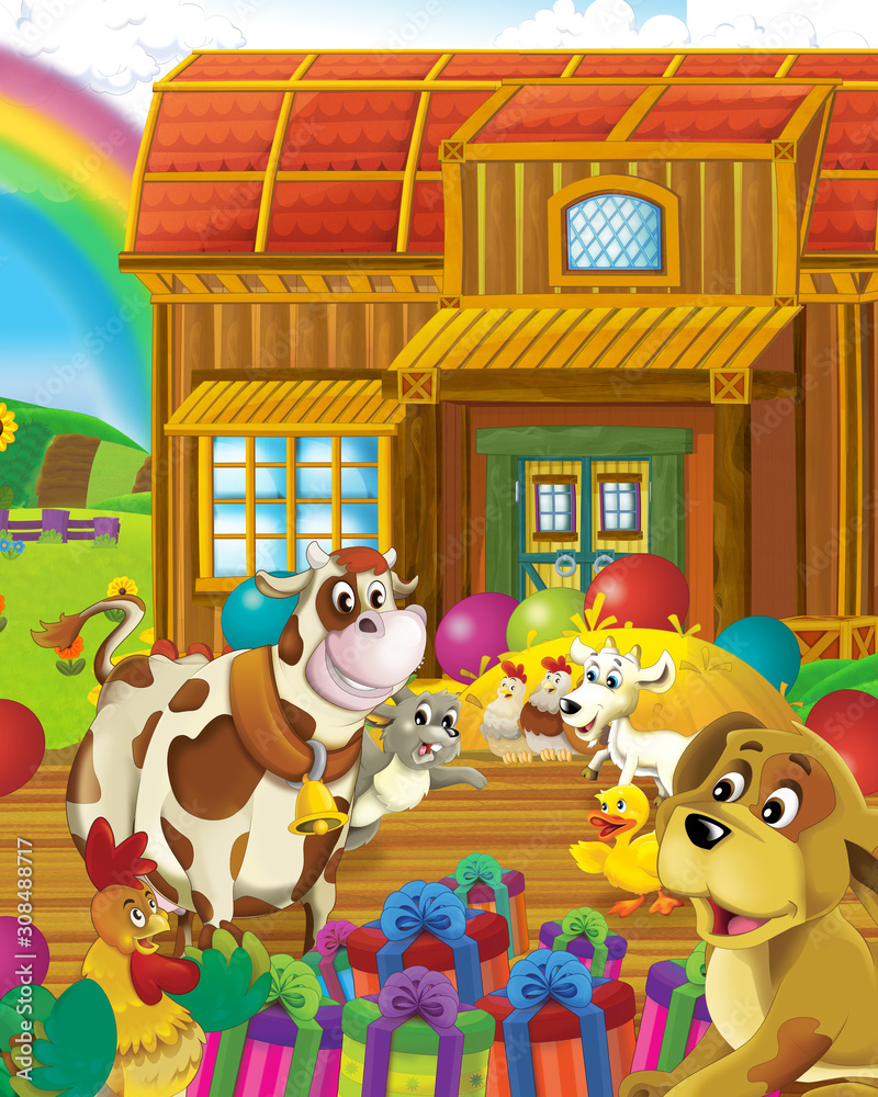 Fototapeta premium cartoon scene with cow having fun on the farm on white background - illustration for children