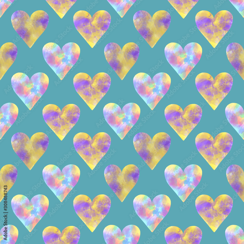 Seamless pattern of yellow, purple and blue watercolor hearts, hand drawn on a blue background