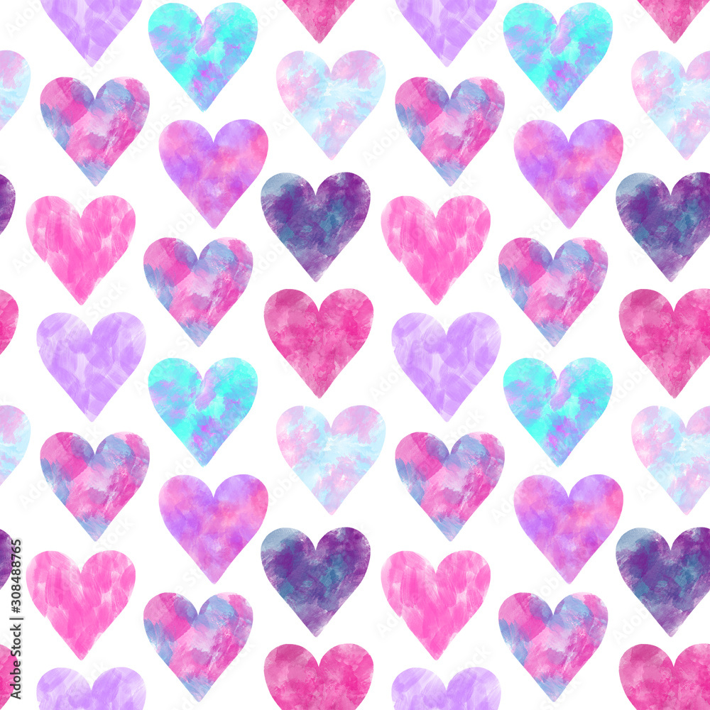 Seamless pattern of pink and purple watercolor hearts, hand drawn on a white background