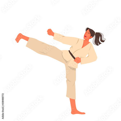 Vector illustration of female athlete in kimono practice karate.